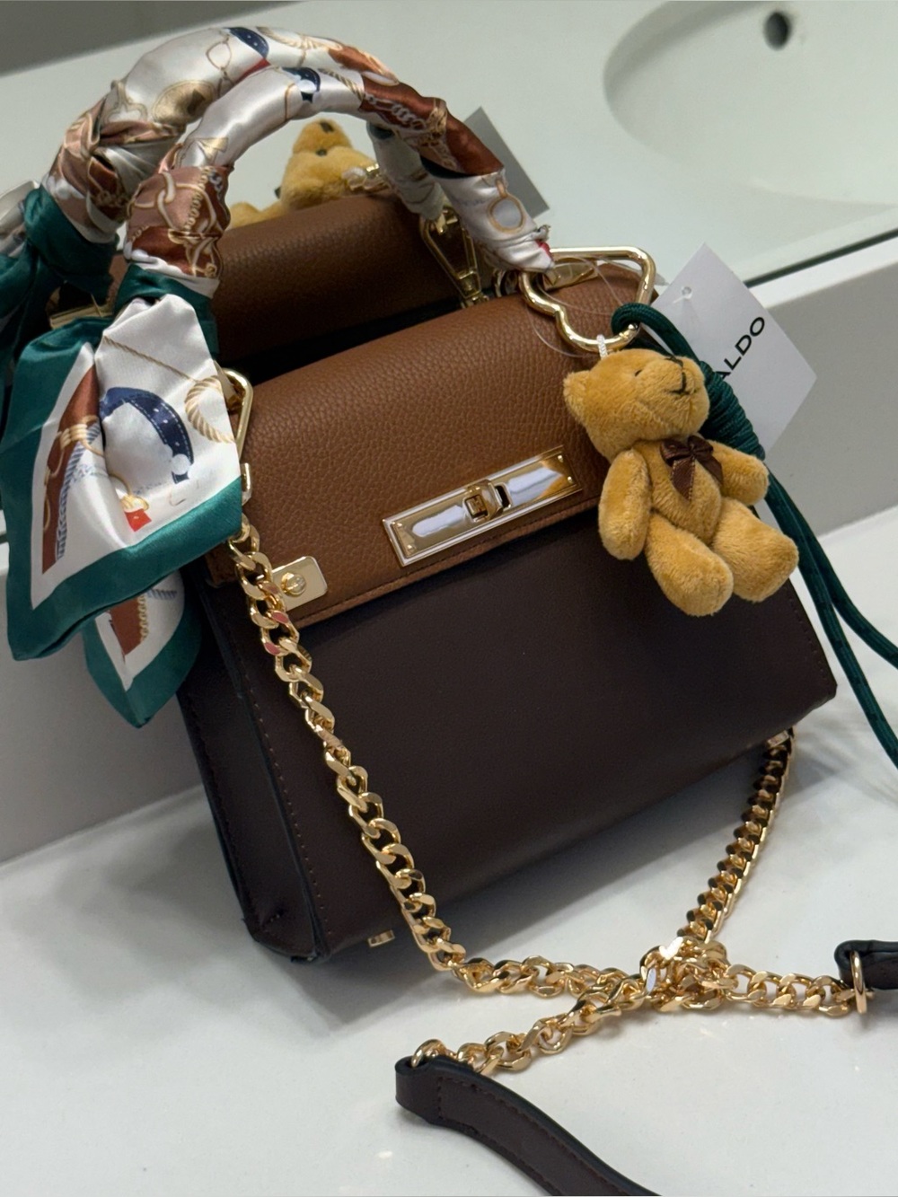 Aldo Two-Tone Brown Satchel with Gold Chain and Scarf Handle 🧸 NWT 🧸